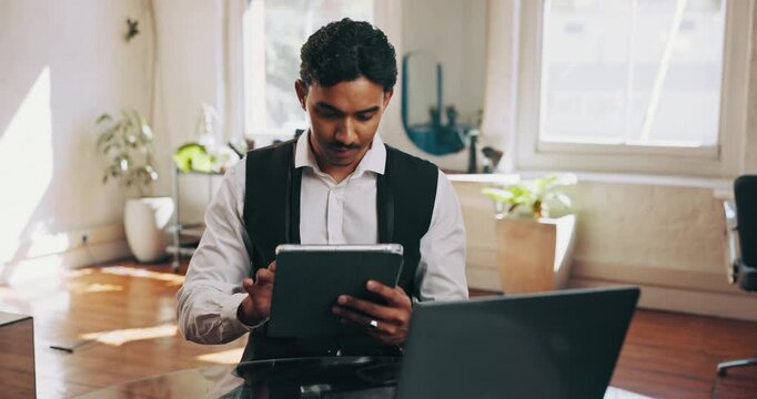 Hairdresser, barber and business man on tablet for online inventory, manage schedule and appointments. Startup, hair salon and person on digital tech for planning, calendar and website for bookings