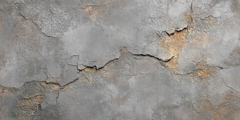 Weathered cracked concrete wall with peeling plaster and yellow-brown exposed underlayer, rough textured surface evoking decay and abandonment