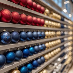 Christmas baubles organizing on retail display shelves