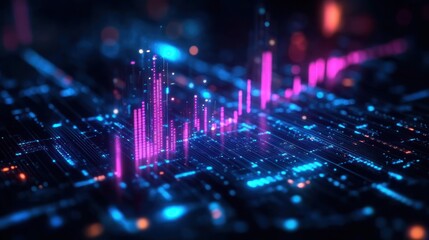 Glowing neon digital cityscape on a circuit grid with blue lights and pink data spikes, a vibrant futuristic visualization conveying energy, motion and networked information