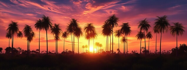 tall palm tree silhouettes against a vibrant orange and purple sunset sky over a tranquil tropical horizon with warm glowing sun and peaceful dusk atmosphere