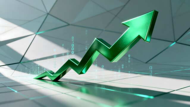 Green upward arrow on digital grid