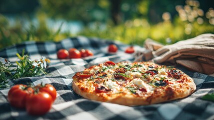 Picnic blanket with pizza, tomatoes, flowers, and gloves in a grassy, sunny field