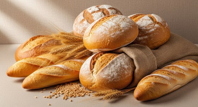 Various types of bread and wheat on a table with a burlap sack.