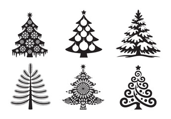 Christmas tree icons, festive holiday pine silhouette vector art set.