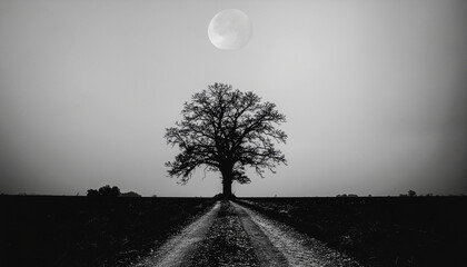 Solitary tree silhouetted against a moonlit sky over a dirt road.