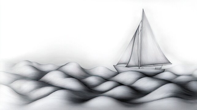 line-drawn sailboat with tall mast and full sails gliding across stylized undulating waves under an empty sky, calm and contemplative monochrome seascape - Powered by Adobe