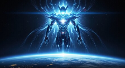 A blue, glowing, humanoid figure stands above a planet with a glowing blue ring around it.