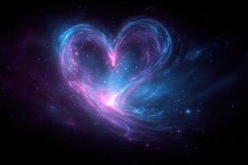 Abstract Heart Shape Nebula Galaxy In Purple And Blue Colors Against Black Background