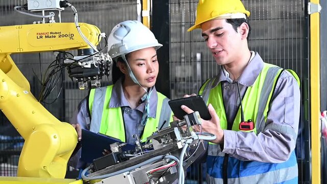 Factory engineer worker robotics robot automation manufacturing workshop industry industrial assembly safety hardhat tablet teamwork inspection machinery warehouse metal control training supervisor