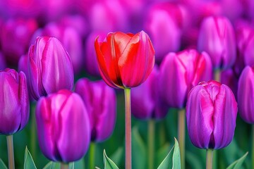 Single red tulip standing tall among a bed of vivid purple tulips with green stems and leaves, bright petals and shallow depth of field conveying uplifting serenity