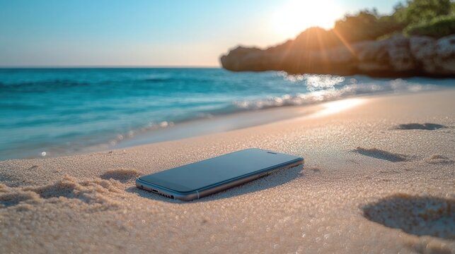 smartphone resting on sunlit sandy beach near turquoise sea at golden hour with waves, rocky outcrop and footprints, evoking peaceful contemplative solitude