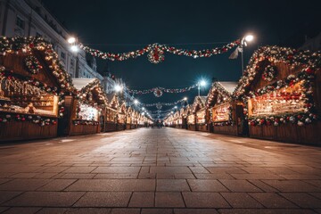 Obraz premium Christmas market stalls illuminated with festive lights at night