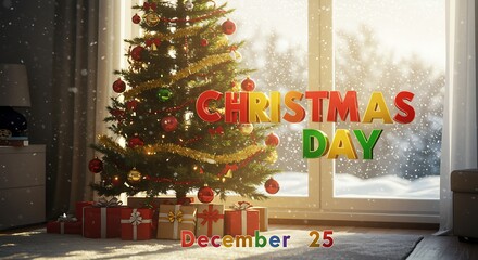 Decorated Christmas Tree with Presents and Snowing Window View ornaments lights