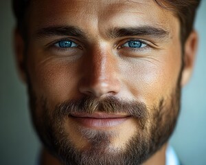 Obraz premium close cropped portrait showing hairline and ears against a soft blue background, calm and introspective mood