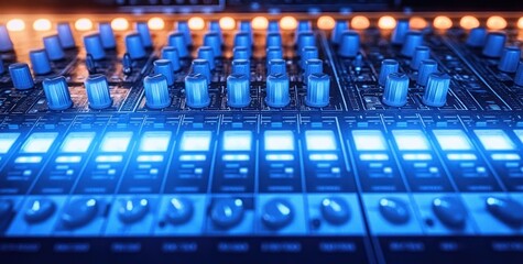 Close-up of illuminated audio mixing console with rows of blue rotary knobs, glowing square LED buttons, faders and warm orange status lights, energetic focused studio mood