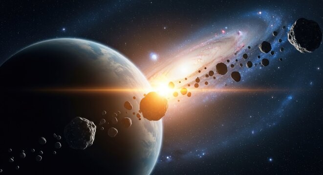 A planet with moons and asteroids in orbit around it, with a galaxy in the background. - Powered by Adobe