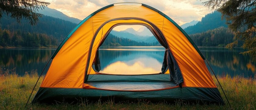 orange camping tent open on a grassy shore facing a calm mountain lake with reflected peaks, pine trees and a serene golden sunrise creating a peaceful, cozy atmosphere