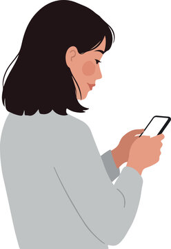 Minimalist Illustration Young Woman Holding Smartphone in Soft Gray Top White Background