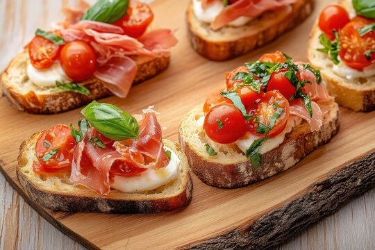 Slices of rustic toasted bread topped with fresh mozzarella, halved cherry tomatoes, thin prosciutto, basil leaves and olive oil on a wooden serving board, appetizing and inviting