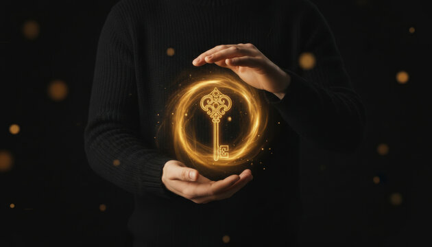 A person gently presents a glowing golden key symbol surrounded by swirling magical energy and spark-like light