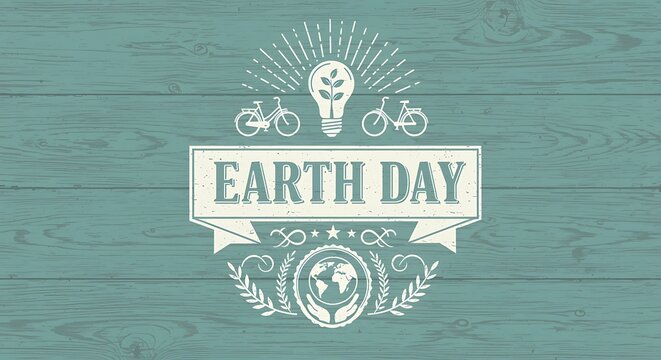 Earth Day Emblem with Bicycles and Lightbulb on Wood Grain logo vintage