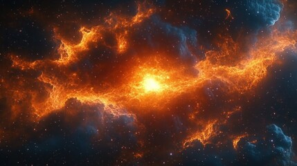 dramatic fiery orange nebula with glowing central core, filamentary gas structures and blue cloudlike gas against a starfield, evoking awe and cosmic wonder
