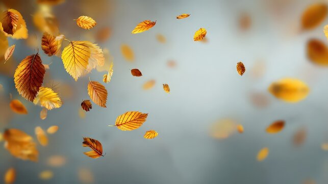 Autumn Leaves Falling Against Blurred Gray Background with Soft Lighting