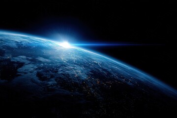 Earth In Space With Sunrise Blue And Orange Light Dramatic View