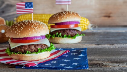 Festive Burgers with American Flags and Corn on the Cob for a Patriotic Celebration