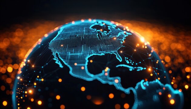 glowing digital globe of north america with blue grid and network lines and orange illuminated nodes, futuristic sense of global connectivity - Powered by Adobe