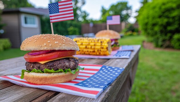 Celebrating a classic American holiday with a patriotic backyard barbecue featuring juicy hamburgers and corn on the cob - Powered by Adobe