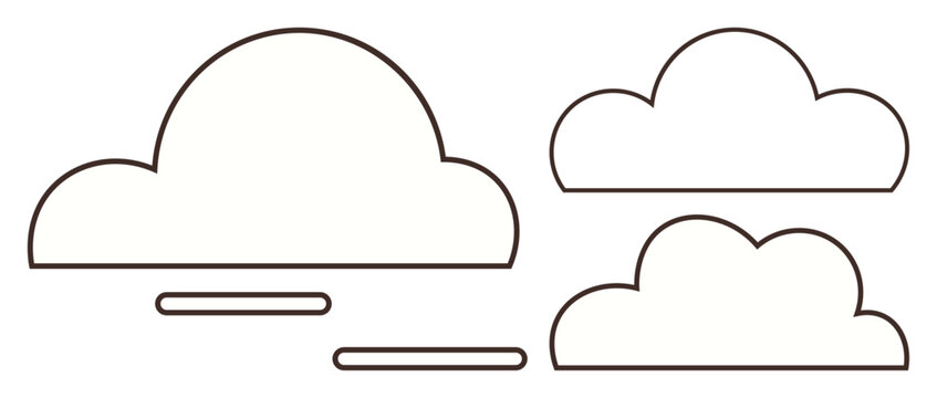 Clean line-drawn clouds of varying sizes with horizontal dashes imply wind, flow, or weather dynamics. Ideal for weather, ecology, digital interfaces, movement, minimal design, atmosphere or
