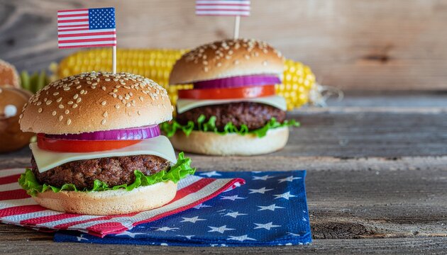 Festive Burgers with American Flags and Corn on the Cob for a Patriotic Celebration