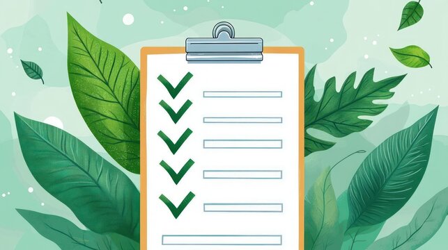 clipboard with a completed checklist of green checkmarks surrounded by lush tropical leaves, evoking calm productivity and refreshing satisfaction