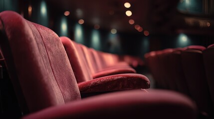 Empty Red Theater Seats Under Dim Lights and Blurred Background