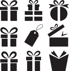 Collection of gift box icons and one tag icon for festive season