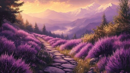 stone path winding through purple heather and pine trees toward misty snow-capped mountains under a golden sunset, serene and dreamy
