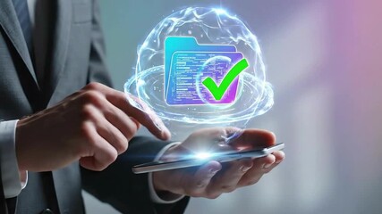 Man using smartphone with cloud storage and data verification concept. - Powered by Adobe