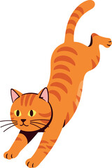 Orange Tabby Cat Stretching its Body with Stripes and Yellow Eyes