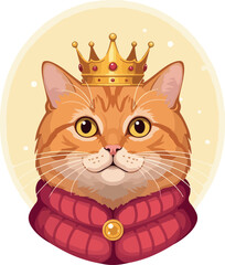 Orange Tabby Cat Wearing Golden Crown And Red Scarf Pixel Art Portrait