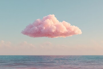 Floating Pink Cloud Above Calm Blue Ocean and Sky at Sunset