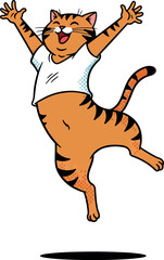 Orange Tabby Cat Wearing White T Shirt Jumping With Joy