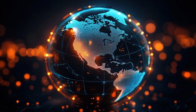 glowing digital globe of the americas with dotted continents, network lines and orange light nodes conveying futuristic global connectivity and dynamic energy - Powered by Adobe