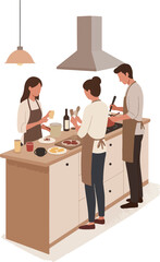 People Cooking Together In A Modern Kitchen With Island