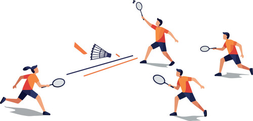 People Playing Badminton Dynamic Action Illustration White Background