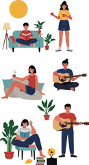 People Relaxing Reading Guitar Sun Plants Minimalist Flat Design
