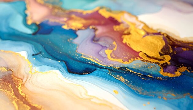 Fluid abstract painting with swirls of blues, golds, pinks, and purples, blurred - Powered by Adobe