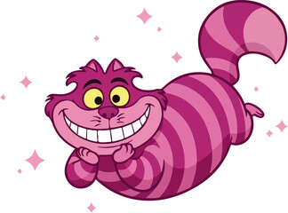 Pink Striped Cheshire Cat Floating Smiling With Sparkles Isolated