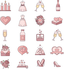 Pink Wedding Icons Featuring Dresses Champagne and Hearts Isolated